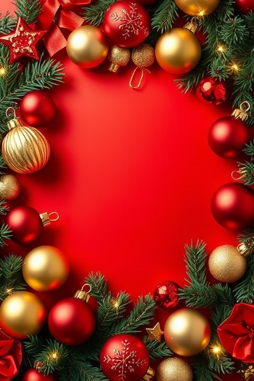 Create a festive holiday background featuring a vibrant red center surrounded by an arrangement of Christmas ornaments in gold and red. Include pine branches and sparkling lights to enhance the seasonal feel, ensuring a cheerful and warm atmosphere.