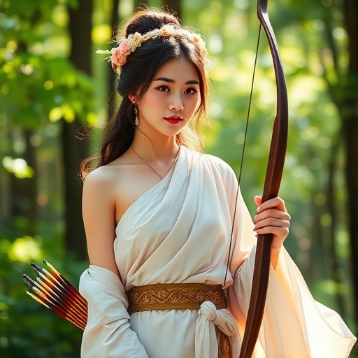 Create a portrait of a goddess-like Japanese girl figure in a tranquil, forested environment. She has an elegant appearance with long, wavy hair styled in an updo and adorned with a delicate, floral headband. She wears a flowing, ancient Greek-inspired gown in a soft, pale color, featuring a one-shoulder design and draped fabric that accentuates her graceful form. The outfit includes a decorative belt with ornate gold detailing, and she holds a bow in her hand, with a quiver of arrows slung over her shoulder. The background depicts lush greenery, with sunlight filtering through the trees, casting a gentle, ethereal light on the scene. Her expression is calm and contemplative, embodying a sense of wisdom and serenity.