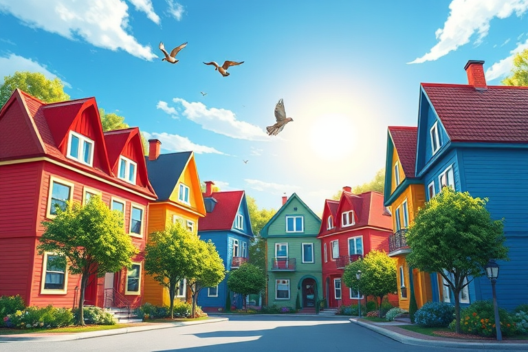 generate a vibrant illustration of a row of colorful houses with red, yellow, and blue roofs, surrounded by green trees and a clear blue sky, include a bright sun and birds flying, capture in a digital art style with soft focus, high resolution, and a balanced composition, simulate a wide-angle view for a sense of depth.