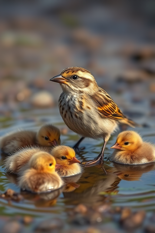 a detailed close-up of a sparrow standing in a puddle surrounded by its chicks, natural lighting, shallow depth of field, 50mm lens, ISO 100, f/2.8, DSLR camera, high-resolution image