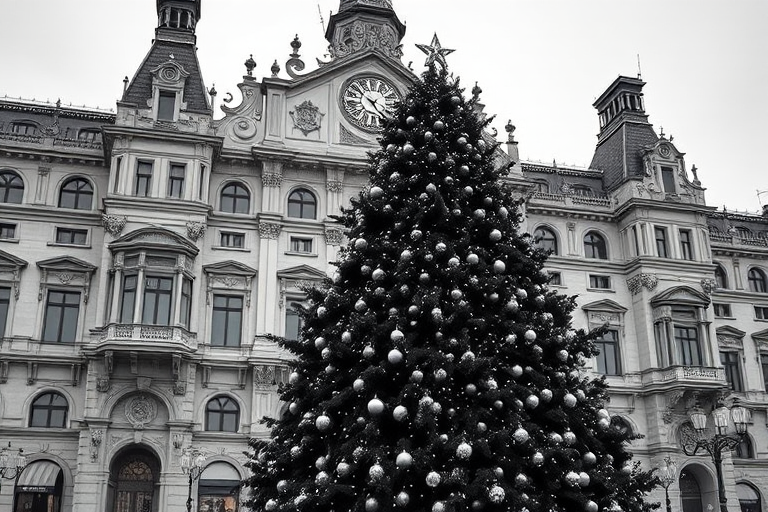 Generate a black and white image of a large Christmas tree decorated with ornaments in front of an ornate historical building. The scene should capture the festive atmosphere, highlighting the tree and the architectural details of the building in the background, with a star on top of the tree.
