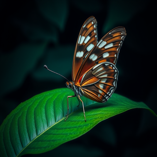 Create a detailed image of a butterfly resting on a leaf in a dark, moody environment. The butterfly should have rich brown wings with white patterns, and the leaf should be vibrant and green, contrasting with the dark background. The lighting should highlight the intricate details of the butterfly's wings and the texture of the leaf.