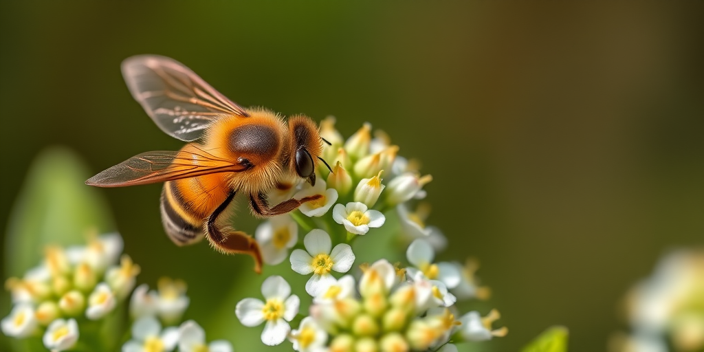 macro photograph of a bee collecting nectar from a cluster of mint flowers, shallow depth of field, aperture f/2.8, ISO 200, shutter speed 1/500s, natural light, high-resolution DSLR camera