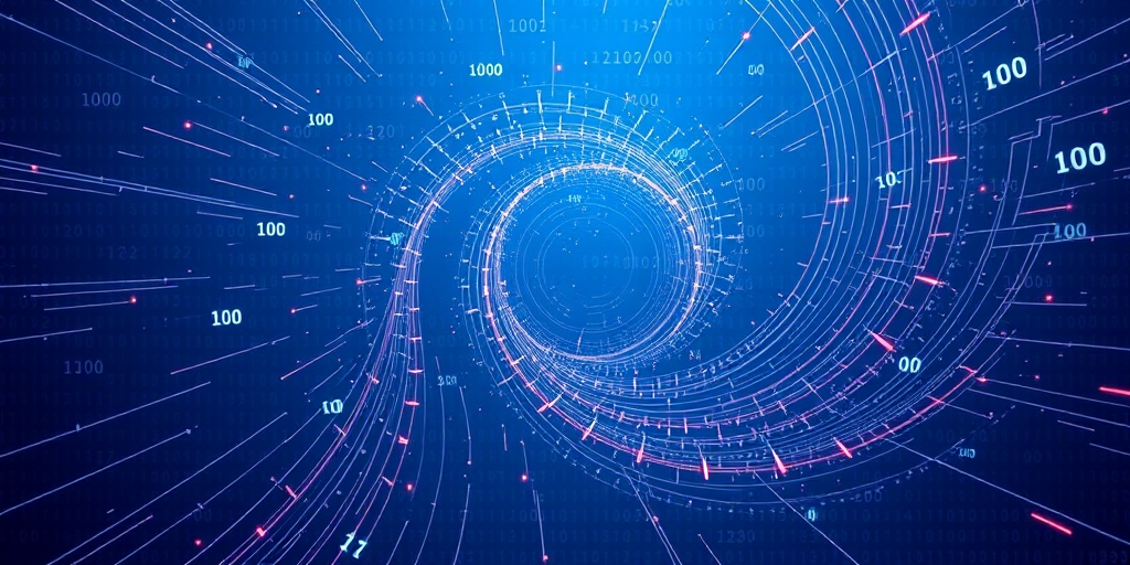 Create a high-resolution abstract digital art image featuring swirling binary code and geometric patterns on a gradient blue background, captured with a DSLR camera at f/8 aperture, ISO 100, 1/60 sec shutter speed, wide-angle lens.