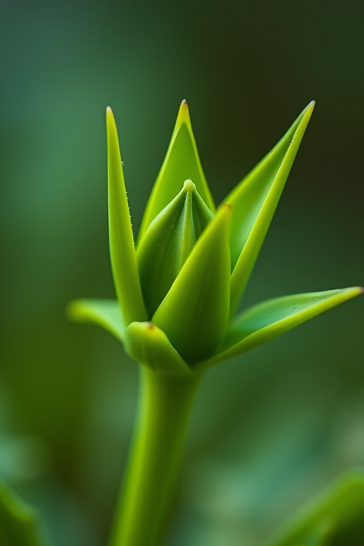 Close-up of a green plant emerging, with sharp, pointed leaves, taken with a DSLR camera at f/2.8 aperture, ISO 100, 50mm lens, natural lighting, shallow depth of field, macro photography style.