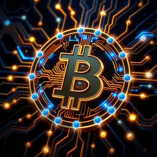 Imagine a Bitcoin symbol (₿) intricately designed as part of a futuristic, glowing circuit board. The ₿ is central, composed of metallic gold and silver lines, seamlessly blending into the web of circuits surrounding it. Blue and green LED-style lights trace through the circuits, making it look like Bitcoin is powering a digital network. The background is dark, with neon accents highlighting the tech vibe, symbolizing the digital and decentralized nature of Bitcoin