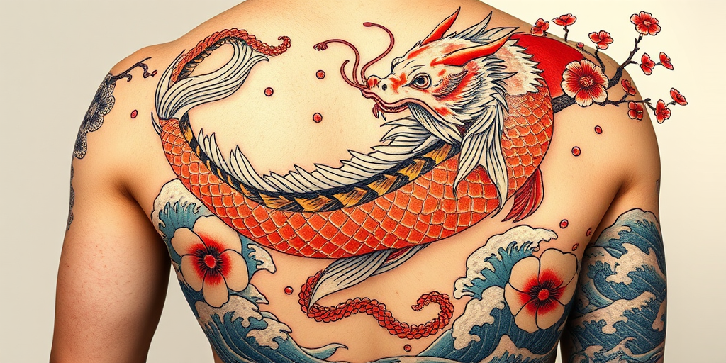 Japanese-inspired irezumi tattoo of a koi fish transforming into a dragon, flowing across the entire back, with waves and cherry blossoms in traditional colors