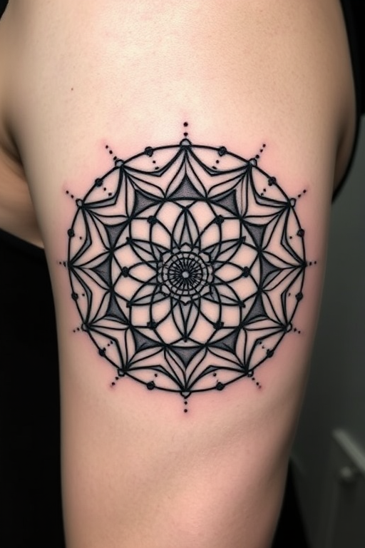 Geometric blackwork tattoo called "Sacred Geometry" showcasing intricate patterns of interconnected triangles, circles, and hexagons forming a mesmerizing mandala-like design, with bold solid black lines contrasting against negative space to create a striking visual impact, incorporating subtle dotwork shading to add depth and dimension to the piece, ideal for enthusiasts of minimalist yet powerful tattoo designs that blend mathematical precision with spiritual symbolism