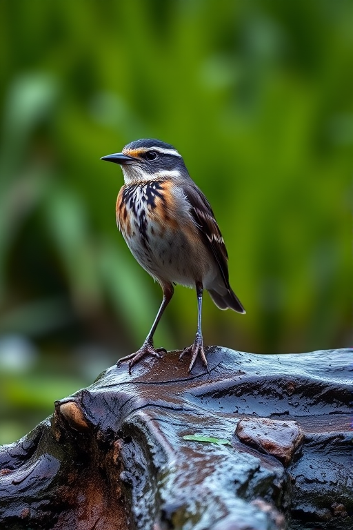 Capture a sharp, detailed image of a bird standing on a wet log, in light rain, using a DSLR camera with a 50mm lens, aperture f/2.8, shutter speed 1/500s, ISO 400, in a close-up view to emphasize the bird's features against a blurred, lush green background.