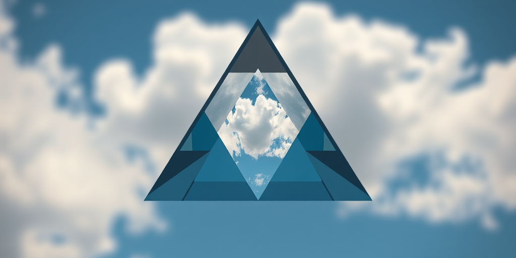 Create a high-resolution, three-dimensional triangular prism reflecting a serene sky with fluffy clouds, shot using a DSLR camera with a 50mm lens at f/1.8, ISO 100, in a clear daylight setting, with a wide-angle view to emphasize depth and color vibrancy.