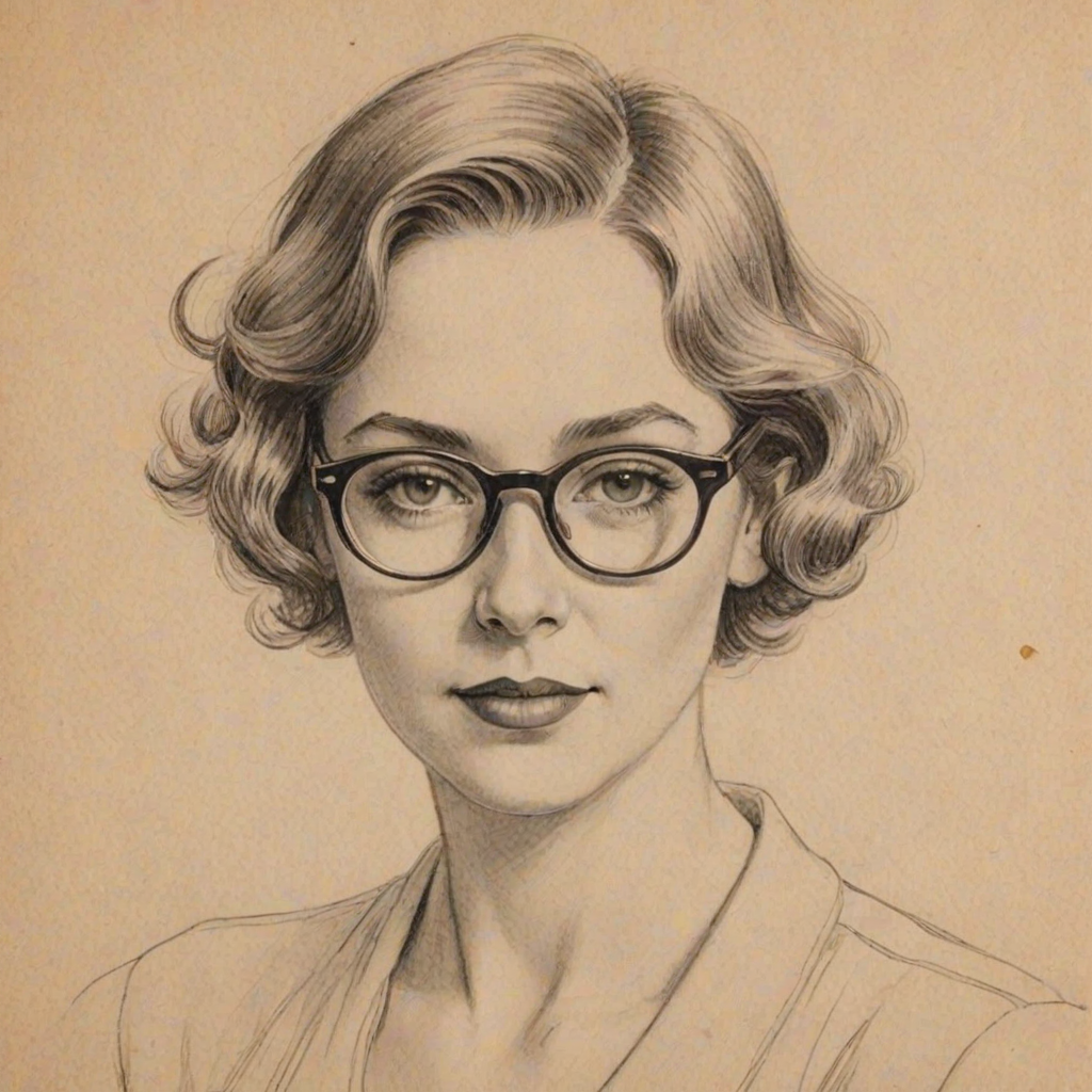 Attractive Ursula Parker, pencil sketch, portrait of Resplendent woman 1925s in glasses, hair style beatnik, outline, clear lines, fine lines, 8k
