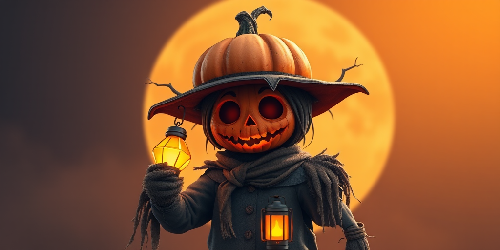 Create a highly detailed, vibrant cartoon image of a Halloween scarecrow with a carved pumpkin head, wearing tattered dark clothes and holding a glowing lantern, set against a warm, circular background, captured with a Canon EOS R5 using a 50mm f/1.2 lens, aperture set to f/2.8, ISO 100, and a slight vignette applied for artistic effect.