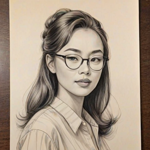 Magnificent Greta Lee, pencil sketch, portrait of Fetching woman 1961s in glasses, hair style beatnik, outline, clear lines, fine lines, 8k