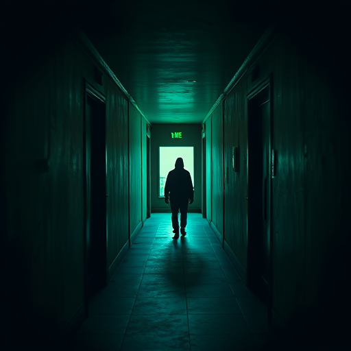 Regenerate a dark, atmospheric corridor scene with a shadowy figure at the end, using a Canon EOS R5, 35mm lens, f/1.4 aperture, ISO 100, 1/60 sec shutter speed, with an eerie green color palette and high dynamic range for enhanced depth and detail.