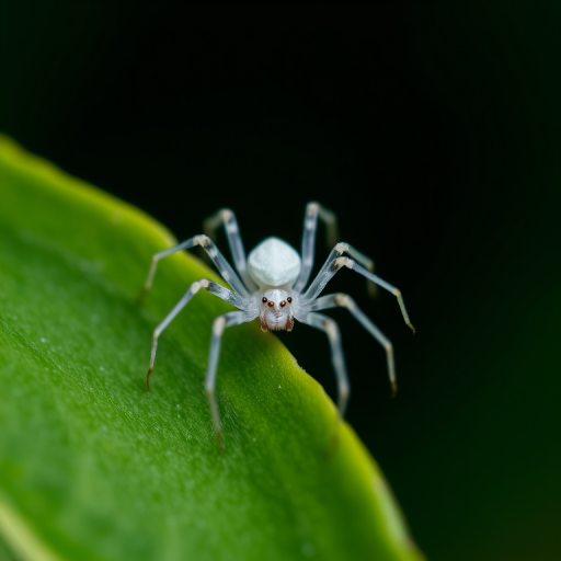 macro photograph of a white spider on a green leaf, f/2.8 aperture, 100mm lens, ISO 200, soft natural lighting, shallow depth of field, DSLR camera
