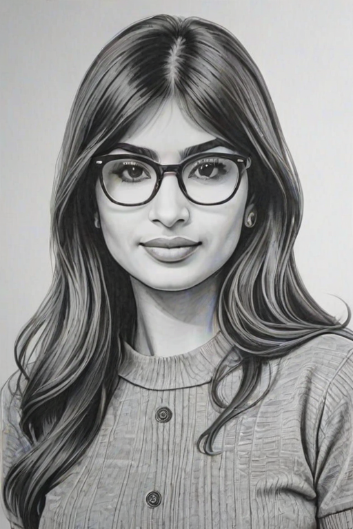hot mia khalifa, pencil sketch, portrait of beautiful woman 60s in glasses, hair style beatnik, outline, clear lines, fine lines, 8k