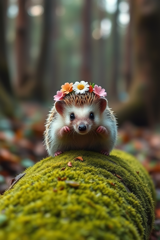 A cute hedgehog with a flower crown sitting on a mossy log in a mystical forest, shallow depth of field, soft lighting, taken with a Canon EOS R5, 50mm lens, f/1.8 aperture, ISO 100, natural light.