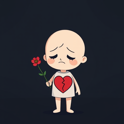 Create a minimalistic cartoon character with a sad expression, holding a single flower, heart with a crack symbol on the chest, dark gradient background, captured with a Canon EOS R5, 50mm lens, f/2.8, ISO 100, soft lighting, and focus on the character for a sharp foreground and blurred background effect.