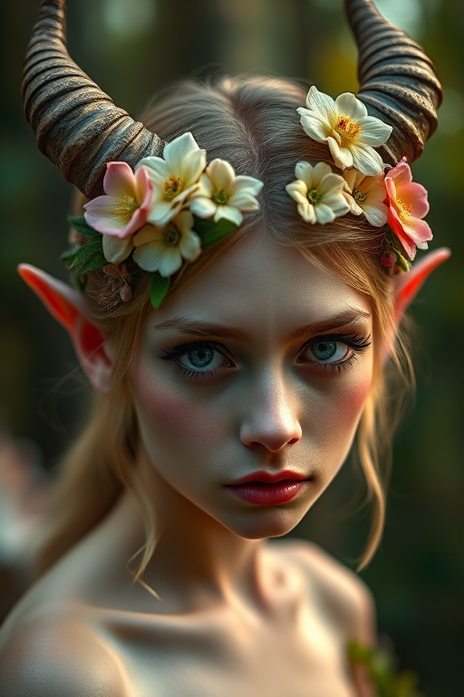 Portrait of a mystical forest nymph with horns and floral decorations, captured in soft natural lighting, shallow depth of field, taken with a Canon EOS R5, 85mm lens, f/1.8, ISO 100, focus on eyes with a bokeh background.