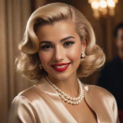 A beautiful Hispanic woman reminiscent of 1950s Hollywood glamour, with perfectly styled blonde hair and a seductive smile, dressed in a satin blouse and adorned with pearls, soft and warm tones, photorealistic, 8K