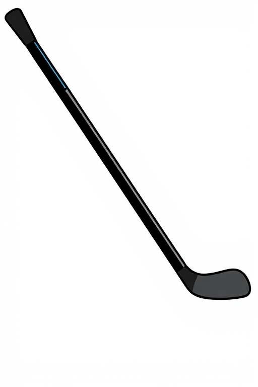 create a simple, sleek illustration of a hockey stick with a black shaft, gray blade, and a blue accent near the handle on a transparent background