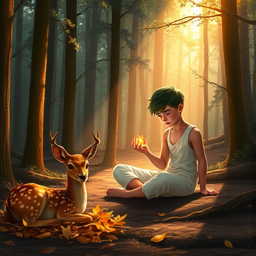 A luminous digital painting of a serene forest scene featuring a barefoot young male, about 7 years old, with green hair and fair skin, dressed in a simple white outfit. He sits cross-legged on the forest floor, gazing at a small, glowing, magical firefly in his hand. Beside him, a delicate spotted deer lies calmly on a bed of dried leaves, observing the scene. The dense forest is bathed in warm, golden light filtering through the trees, creating a peaceful, magical atmosphere with a blend of natural and mystical elements.