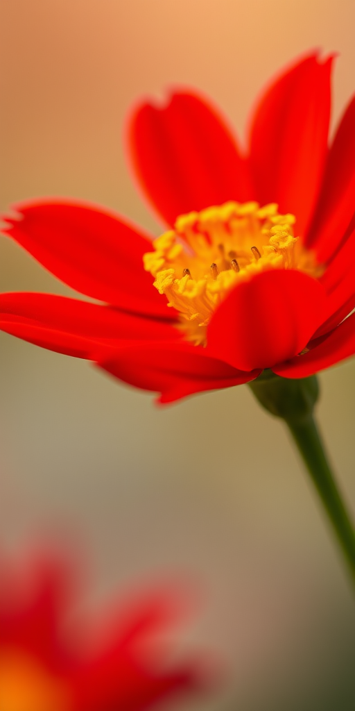 close-up of a vibrant red flower with yellow center against a soft blurred background, aperture f/2.8, shutter speed 1/200s, ISO 100, 50mm lens, macro photography style, dslr camera