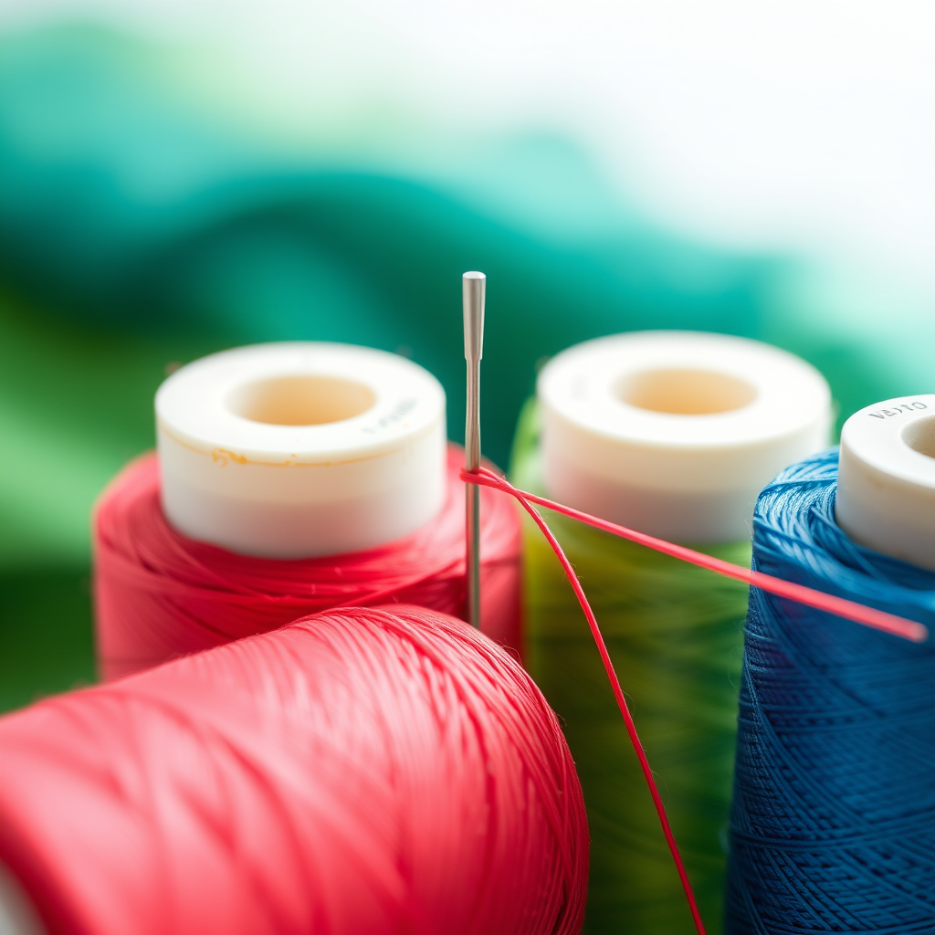 create a high-resolution image of three spools of thread in red, green, and blue color with a needle threaded through one of them, shot from a close-up view using a DSLR camera with a 50mm lens at f/2.8, ISO 100, and soft natural lighting to enhance details and colors