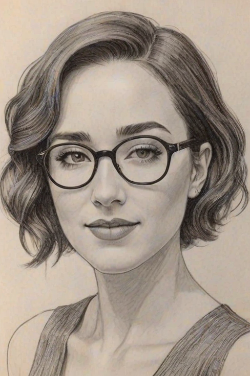 Radiant Allison Scagliotti, pencil sketch, portrait of Delightful woman 1925s in glasses, hair style beatnik, outline, clear lines, fine lines, 8k