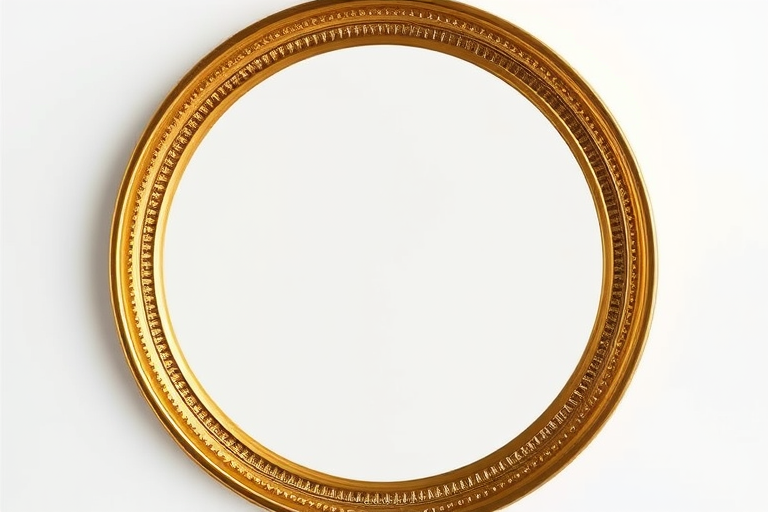 Create a high-resolution circular image with a textured gold border, using a DSLR camera with a 50mm lens at f/1.8, ISO 200, and a 1/100 sec shutter speed, capturing a soft-focus background for enhanced depth.