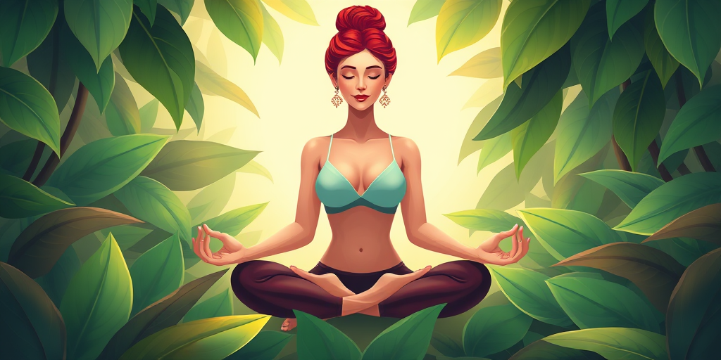 Create a vibrant illustration of a serene woman meditating in a lotus position with deep red hair, surrounded by lush green leaves, using a digital art style, high resolution, with soft lighting, and a focus on smooth gradients and rich colors.