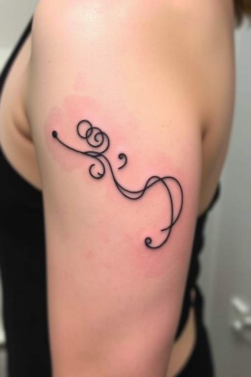 Minimalist single-line tattoo called "Continuous Journey" showcasing a complex design created with one unbroken line. Intricate curves and loops form recognizable shapes and symbols, telling a story through its flowing path. Fine, precise linework in deep black ink stands out against the skin, creating a striking contrast and modern aesthetic.