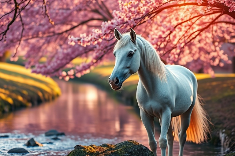 Unicorn standing by a tranquil stream with vibrant pink cherry blossoms in the background, capturing soft sunlight filtering through the trees, DSLR camera, 50mm lens, f/2.8 aperture, ISO 100, shot in golden hour for warm light.