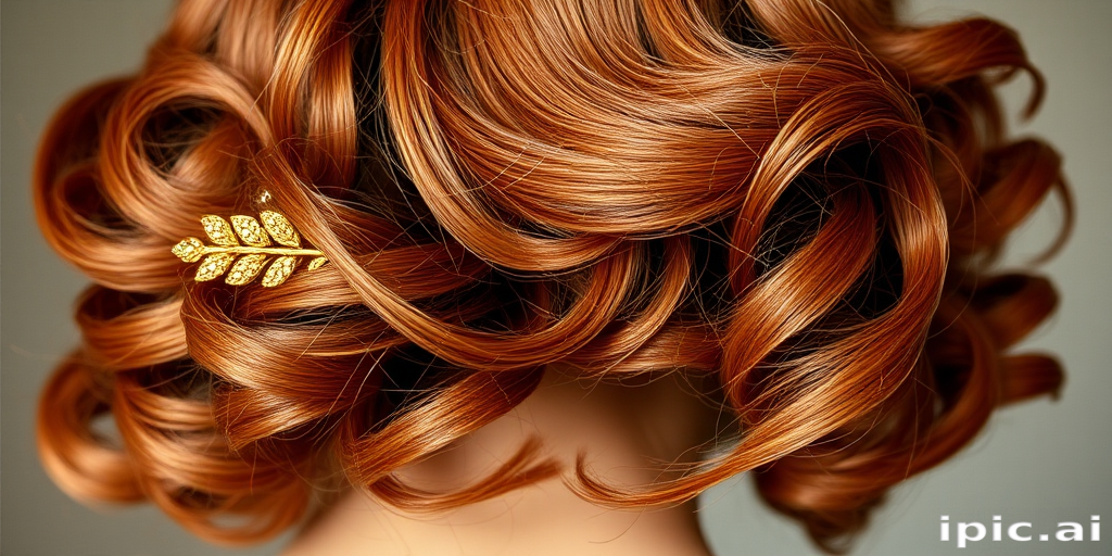 Shimmering copper penny hue styled in loose vintage pin curls, accented with art deco-inspired golden hair combs, exuding old-world elegance and sophistication.