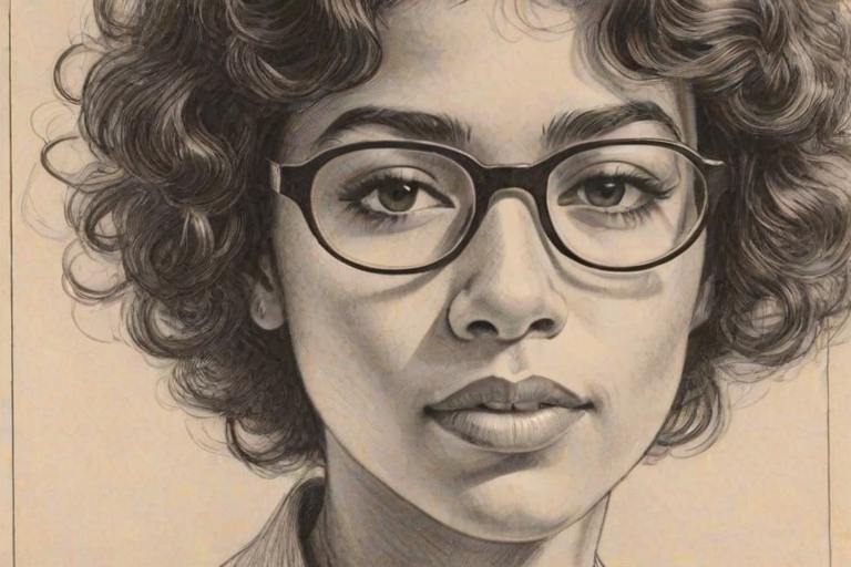 Ravishing Irene Cara, pencil sketch, portrait of Radiant woman 1923s in glasses, hair style beatnik, outline, clear lines, fine lines, 8k