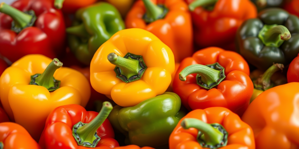 vibrant assortment of bell peppers in red, yellow, orange, and green, macro photography, f/2.8 aperture, ISO 100, 50mm lens, soft natural light, shallow depth of field, high-resolution image