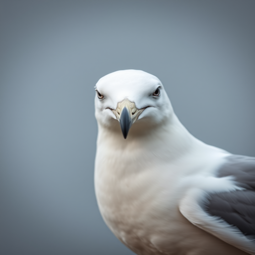 a close-up portrait of a seagull facing the camera against a grey background, 85mm lens at f/1.8, ISO 200, shutter speed 1/500s, shot with a DSLR camera, natural light, high definition, shallow depth of field