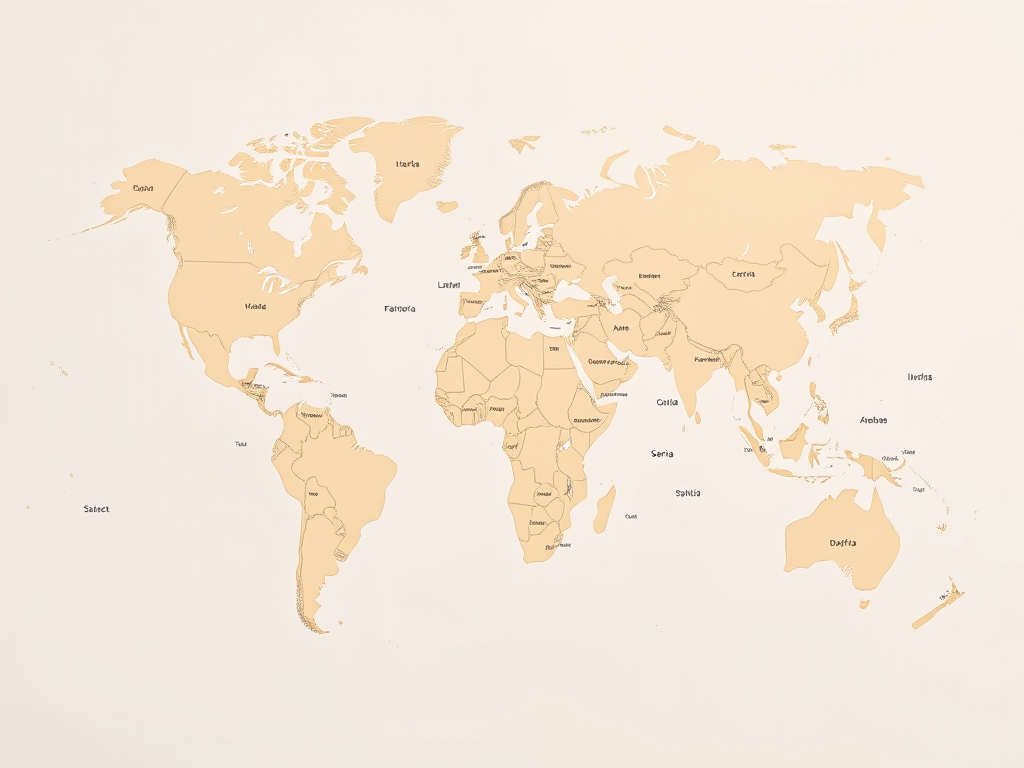 Create a high-quality world map with a light beige color scheme, displaying geographic boundaries and country labels, shot with a DSLR camera at 50mm, f/8 aperture, ISO 100, in a landscape view, using a soft focus style for a smooth gradient effect.