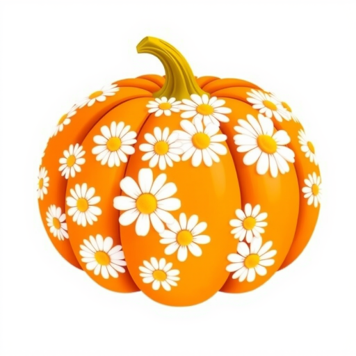 a whimsical orange pumpkin with white daises pattern covering the pumpkin. Solid white background sublimation vector 3000dpi 32k
