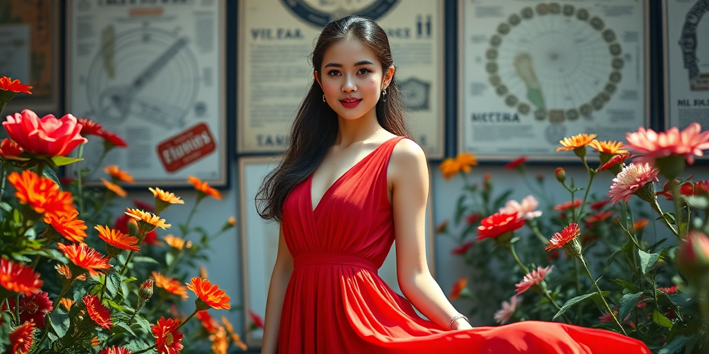 female portrait in a flowing red dress surrounded by vibrant flowers and vintage diagrams in the background, soft natural lighting, shallow depth of field, 50mm lens, f/1.8 aperture, ISO 100, shot from a slightly low angle to highlight the subject and details in the dress.
