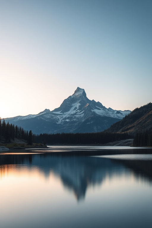 Create a serene mountain landscape at dawn with a smooth lake reflecting the peaks, using a DSLR camera with a 50mm lens, aperture set to f/8, shutter speed 1/125 sec, ISO 100, in landscape orientation for enhanced clarity and detail.