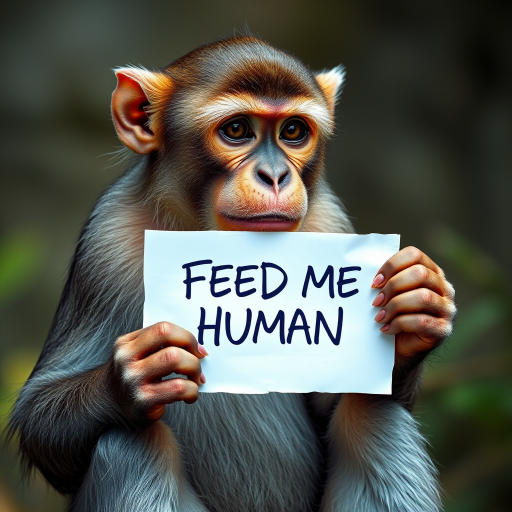 monkey holding a note which says "FEED ME HUMAN"