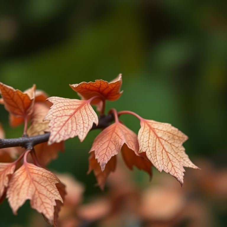 Close-up shot of dried leaves on a branch with a blurred green background, using a macro lens, aperture f/2.8, shutter speed 1/200s, ISO 100, taken with a DSLR camera.
