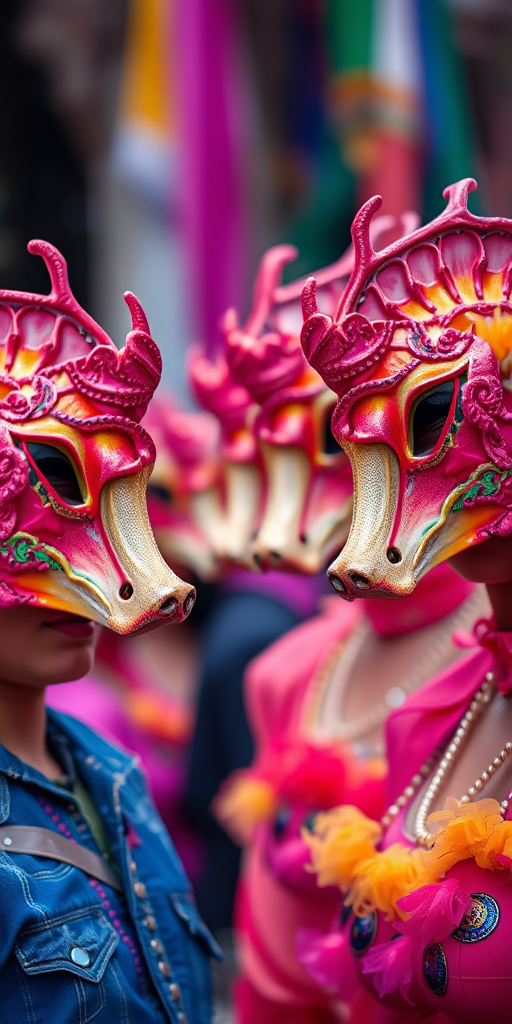 Regenerate an image of a vibrant carnival scene featuring four individuals in ornate, colorful masks resembling seahorses, captured in soft focus with a shallow depth of field, using a Canon EOS R5 camera with a 50mm f/1.2 lens, at ISO 100, aperture f/2.8, and a focal length of 50mm in natural lighting for enhanced details and texture.