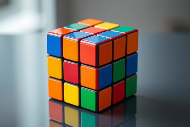 Create a high-resolution 3D rendering of a Rubik's Cube with vibrant colors, using a DSLR camera with a 50mm lens, aperture set to f/1.8, ISO 100, view from a slightly elevated angle to capture depth, and soft lighting to enhance reflections on the surface.