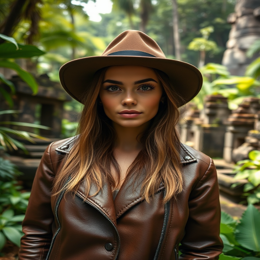 portrait of a woman wearing a fedora and leather jacket in a lush jungle setting with ancient stone structures background, natural light, 50mm lens, f/1.8, ISO 100, shallow depth of field, capture from eye level, DSLR camera