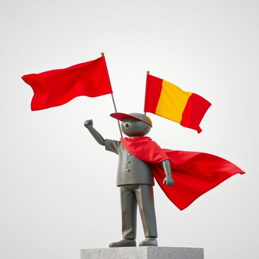 Create a high-resolution vector image of a stylized figure signaling with two brightly colored flags (red and yellow) using a DSLR camera with a focal length of 50mm, aperture set to f/2.8, ISO 100, shot from a slightly low angle to enhance depth, using a portrait orientation for a dynamic composition.