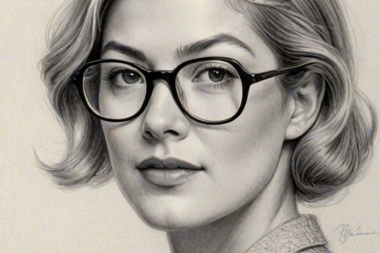 Alluring Rosamund Pike, pencil sketch, portrait of Lovely woman 1930s in glasses, hair style beatnik, outline, clear lines, fine lines, 8k