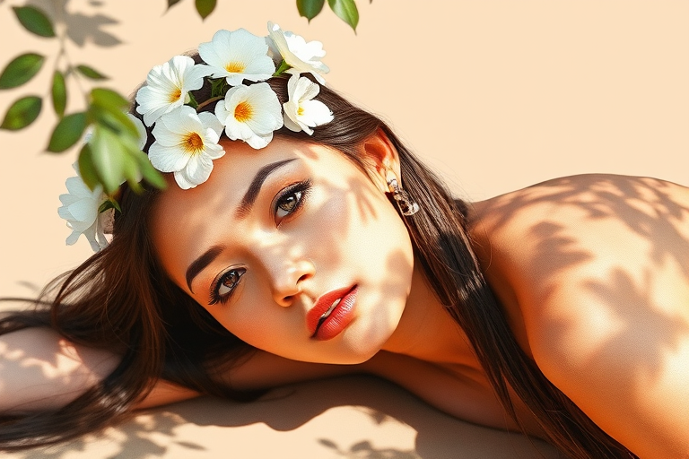 create a watercolor painting of an ethereal portrait of beautiful Native American woman with a simple white flower crown on her head. Her hair is long and she is lying on the ground. The sunlight on the trees casts shadows from the leaves on her face and body. The background is a neutral brown color that matches her skin tone. The image is minimalist and solid colors. This style is characterized by soft, delicate brushstrokes and a light, airy, contrasting color palette. High level of detail and play of light