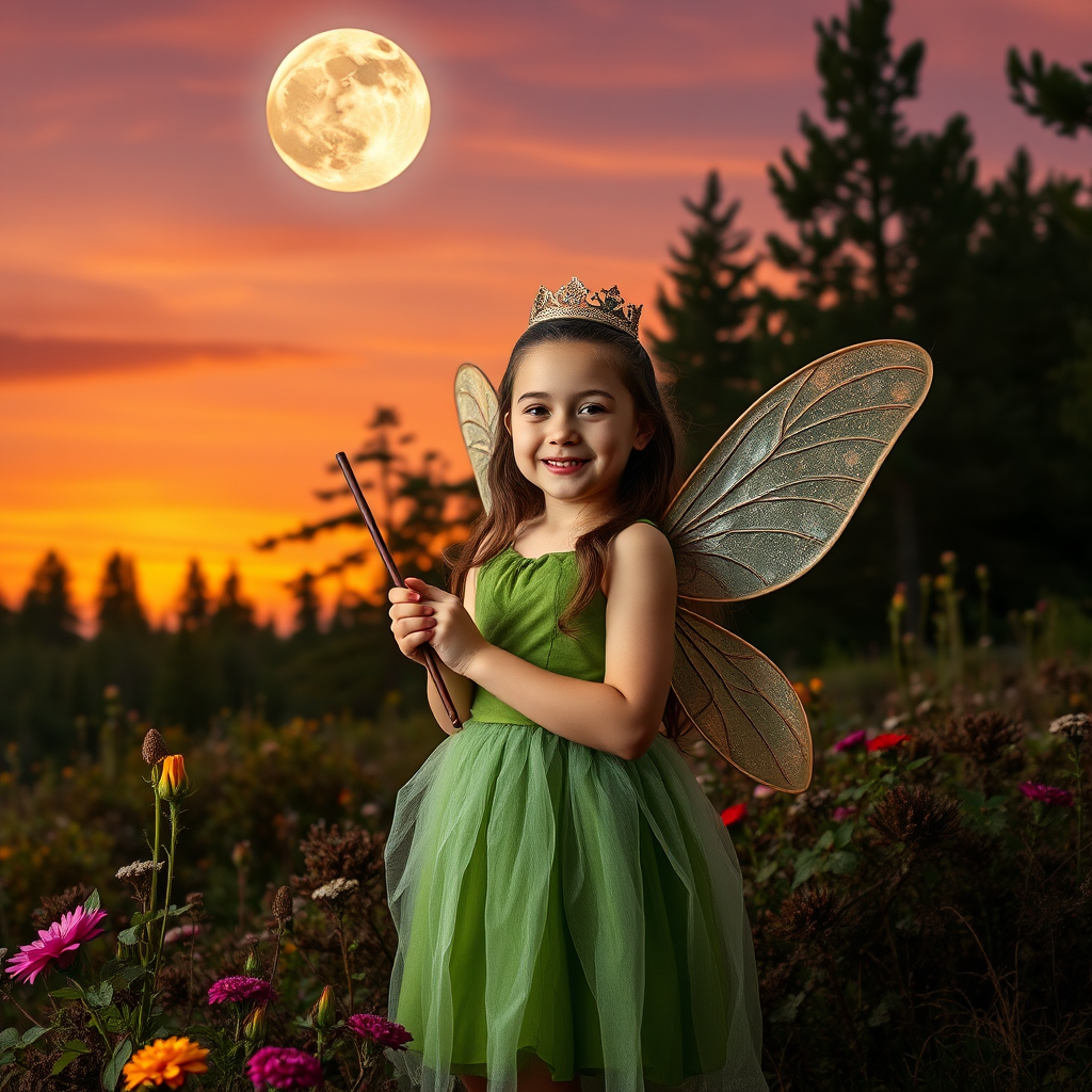 A vivid photo  taken under a bright camera flash of a fantastical scene set against a backdrop of a forest during sunset. The main subject is a girl dressed as a fairy, adorned with translucent wings and a green dress, holding a wand, her face is happy, and she wears a crown on her head. The forest behind her is a blend of flowers, shrubs and trees. The sky is painted in hues of orange and pink, with a large, glowing moon casting a warm glow over the scene. The overall color palette is dominated by earthy tones.